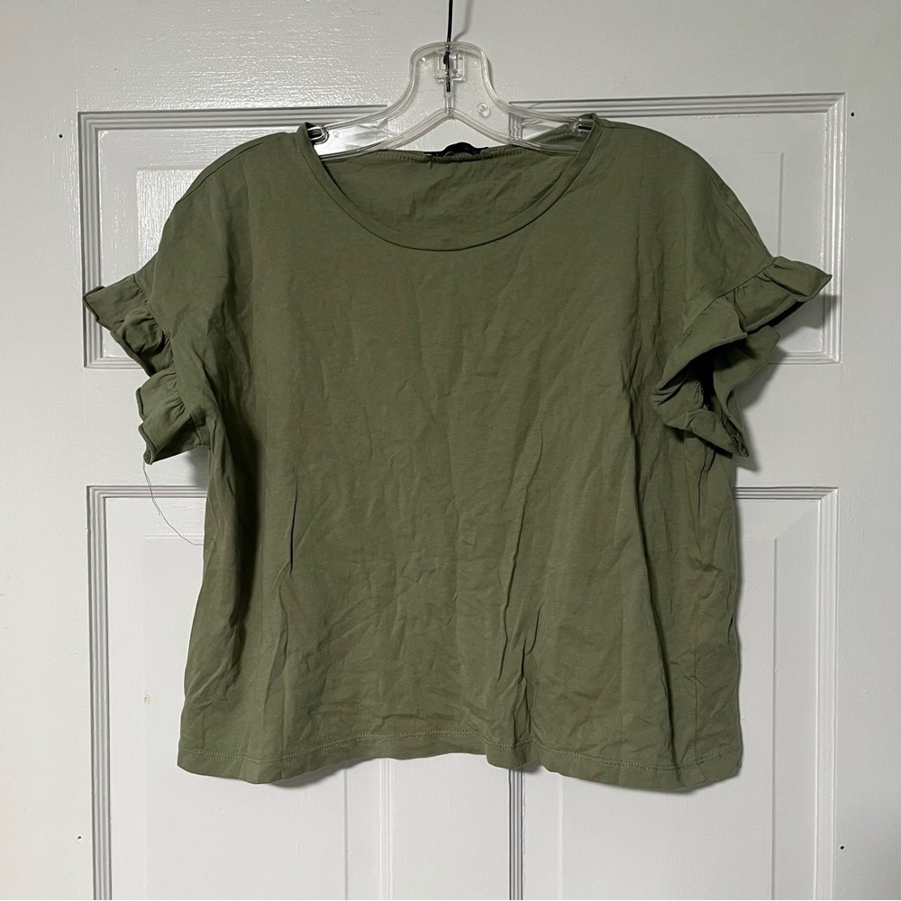 Zara Olive green cotton Short Ruffle Sleeve Crewneck crop Top